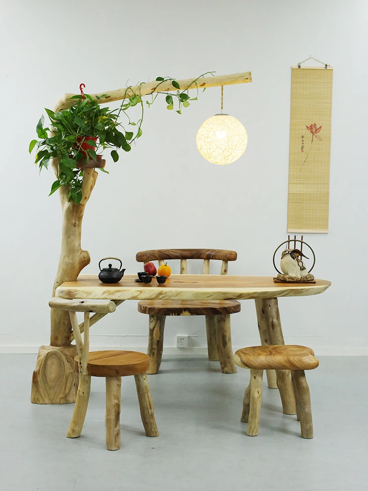 Log Tea Table Garden B&B Original Ecological Pure Solid Wood Stump Root Carved Balcony Tea Table and Chair Combination