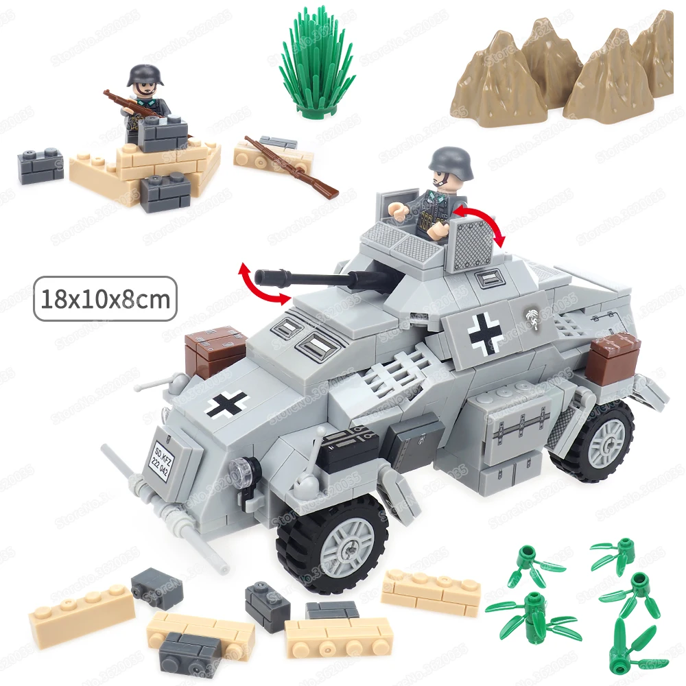 Military WW2 Sd.Kfz.222 Building Block Assemble Army Figures Four Wheels Armor Scout Car Weapons Turret Model Child Gift Boy Toy