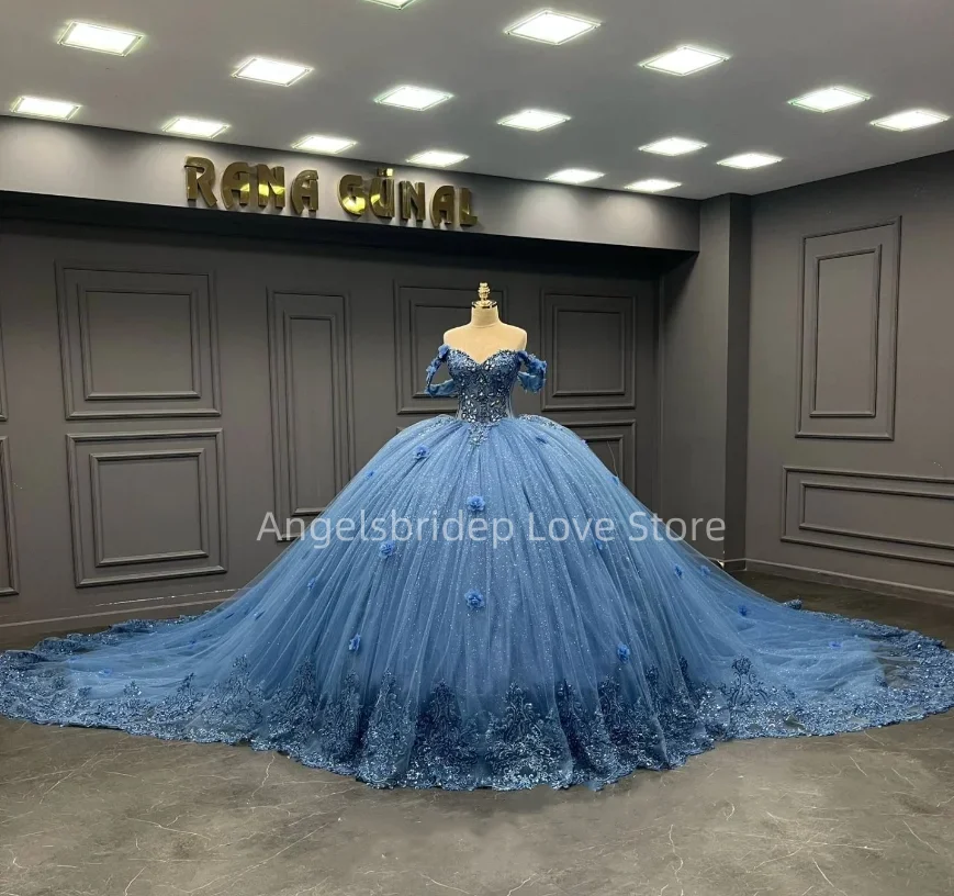 Angelsbridep Customized Mexico Blue Ball Gown Quinnceanera Dresses Luxury Beading 3D Appliques Party Vestido De 15 Quinceañera