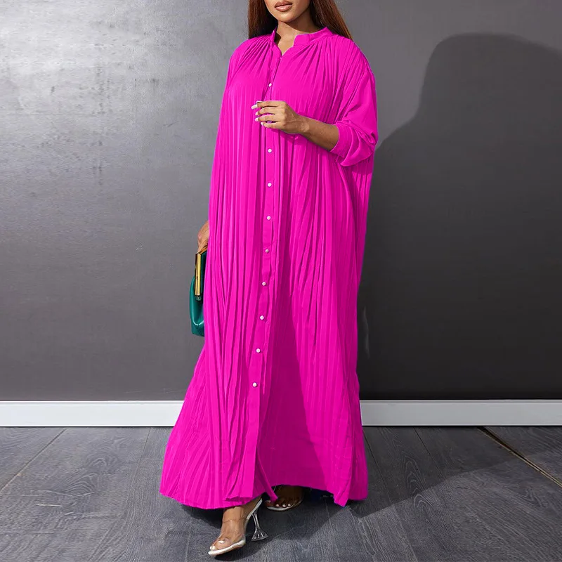 Women Eid Muslim Dresses Stand Collar Single Breasted Dubai Arab Vestidos Ramadan Casual Loose Kaftan Dress Solid Pleated