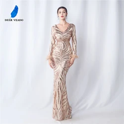 DEERVEADO Mermaid V Neck Sequin Evening Dress with Full Sleeves Women's Formal Dress Gala Party Maxi Dresses