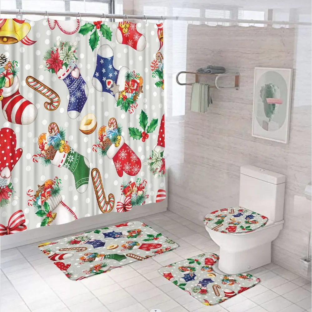 Christmas Socks Gloves Shower Curtain Set New Year Decor Fabric Bathroom Curtains Non-Slip Bath Mat Carpet Rug Lid Toilet Cover