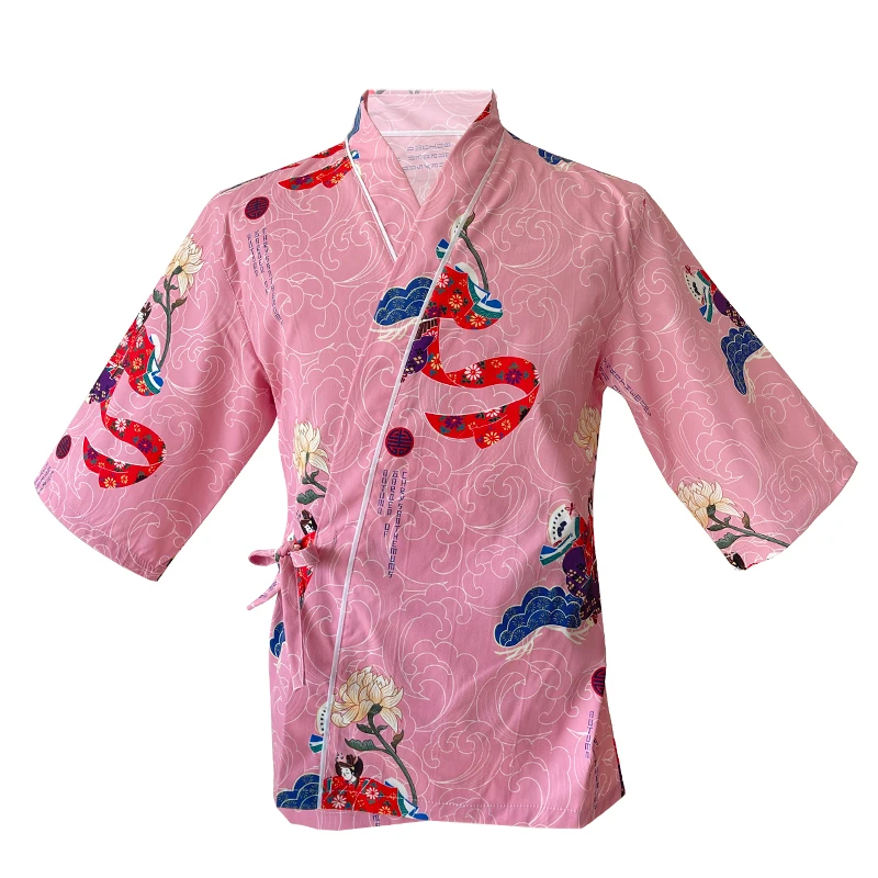 

Japanese Restaurant Waitress Uniform Izakaya Sushi Chef Jackets Coat Women Sakura Ukiyoe Kitchen Food Cooking Kimono Tops Shirts