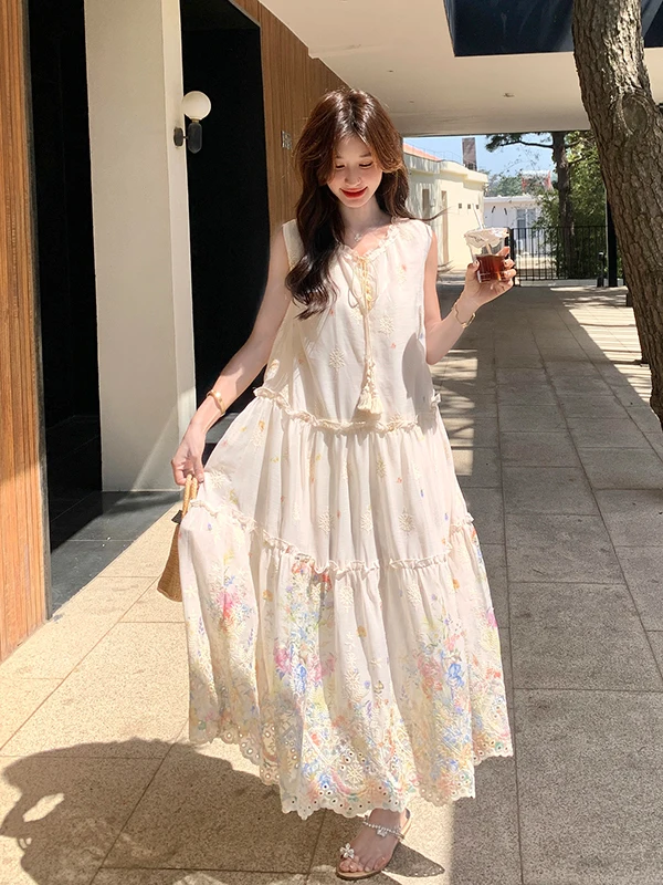 Sweet Floral Print Long Dr Women's Summer 2025 New Sle High Waist A-Line Skirt without Sve round Ne Gored Skirt