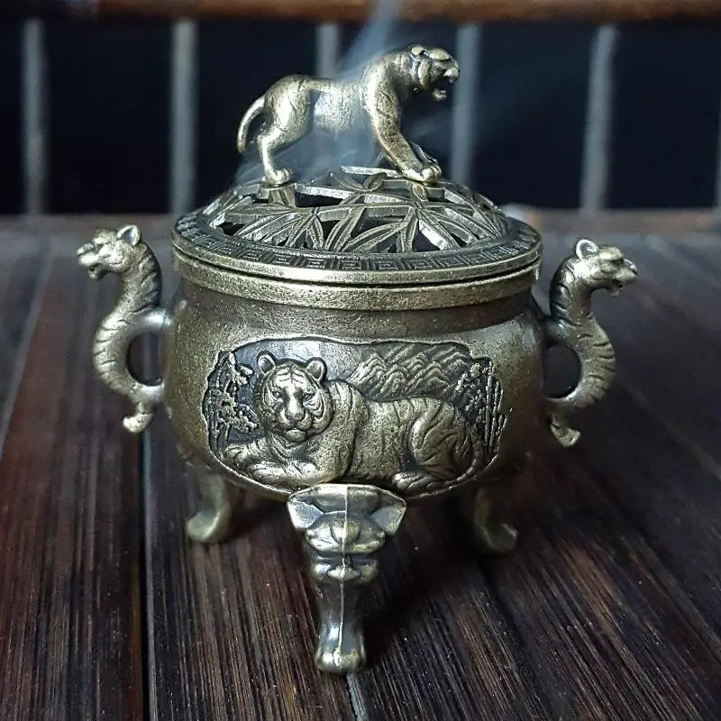 ❤️   Brûleur d'encens en métal Tiger, petit brûleur d'encens décoratif avec poignée, pour yoga, méditation, décoration de la maison, style ancien