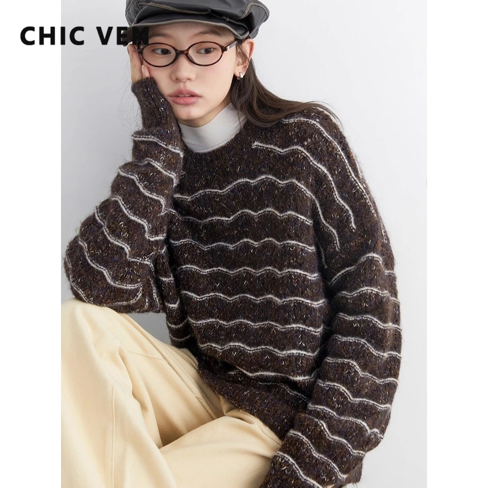 

CHIC VEN New Women Sweaters Loose Casual Round Neck Off Shoulder Female Jumpers Pullovers Wave Stripe Top Autumn Winter 2025
