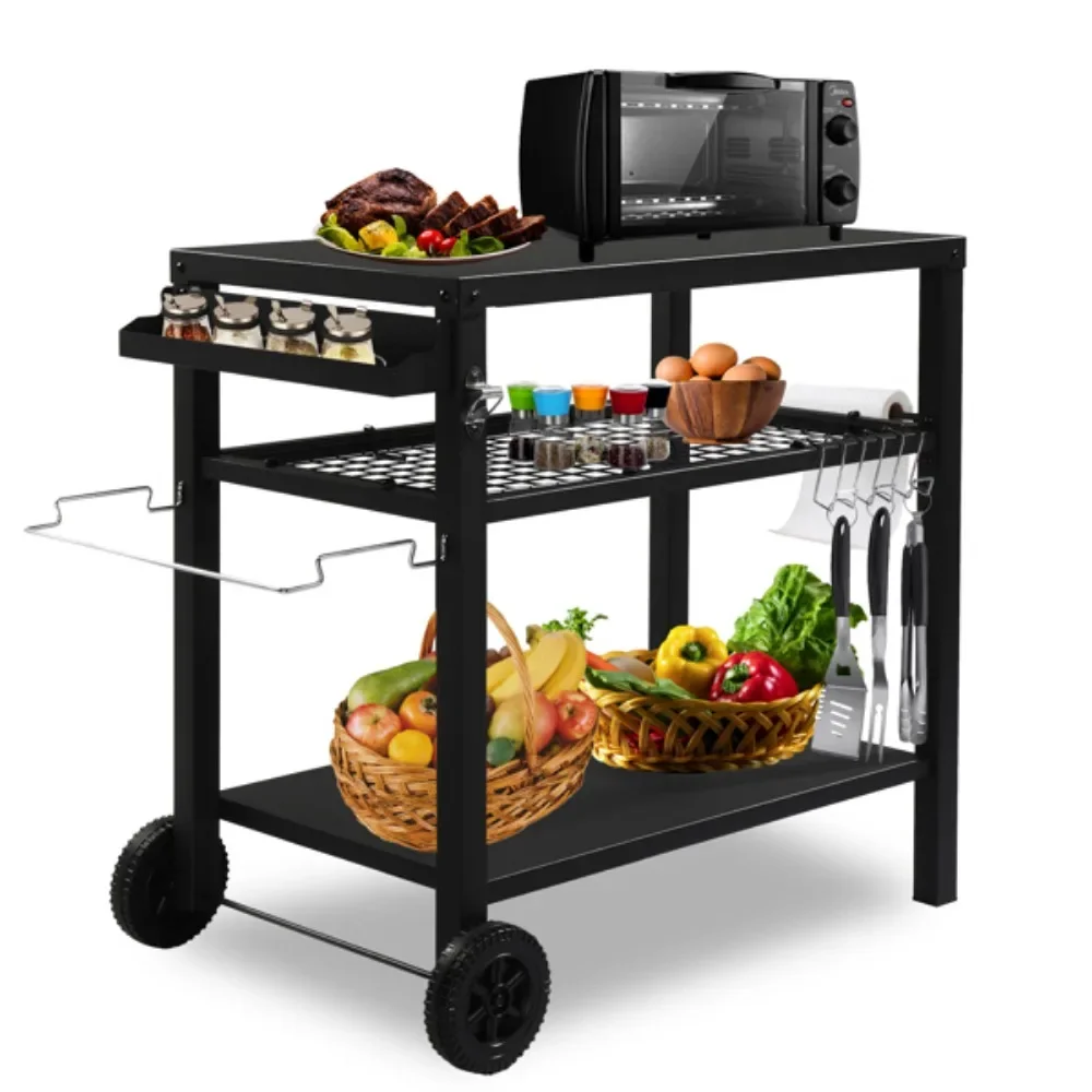 Outdoor Grill Cart Three-Shelf Grill Table, Movable BBQ Trolley Food Prep Cart with Two Wheels & Hooks, Black BBQ Grills Cart