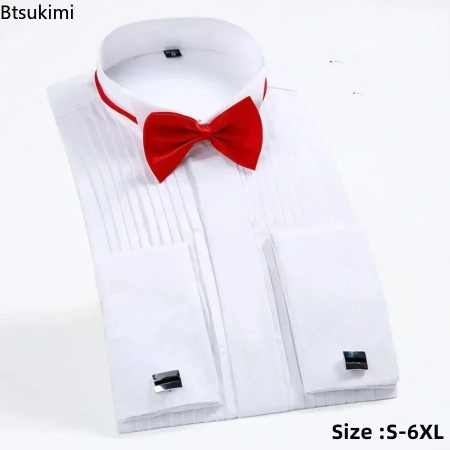 

New Men's Wedding Party Club Dress Shirts with Bowtie Slim Fit Solid Wing Tip Collar Tuxedo Shirt Long Sleeve Male Shirts Tops