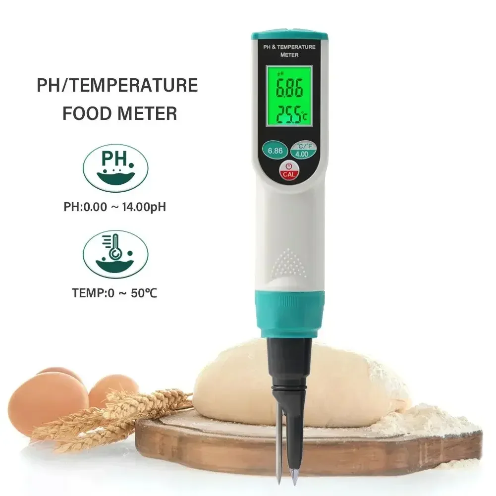 2 in 1 Soil Tester Food PH Meter 0.00~14.00pH Temp PH Tester High Accuracy Sensor Acidity Analyzer for Meat Canning Cheese Dough