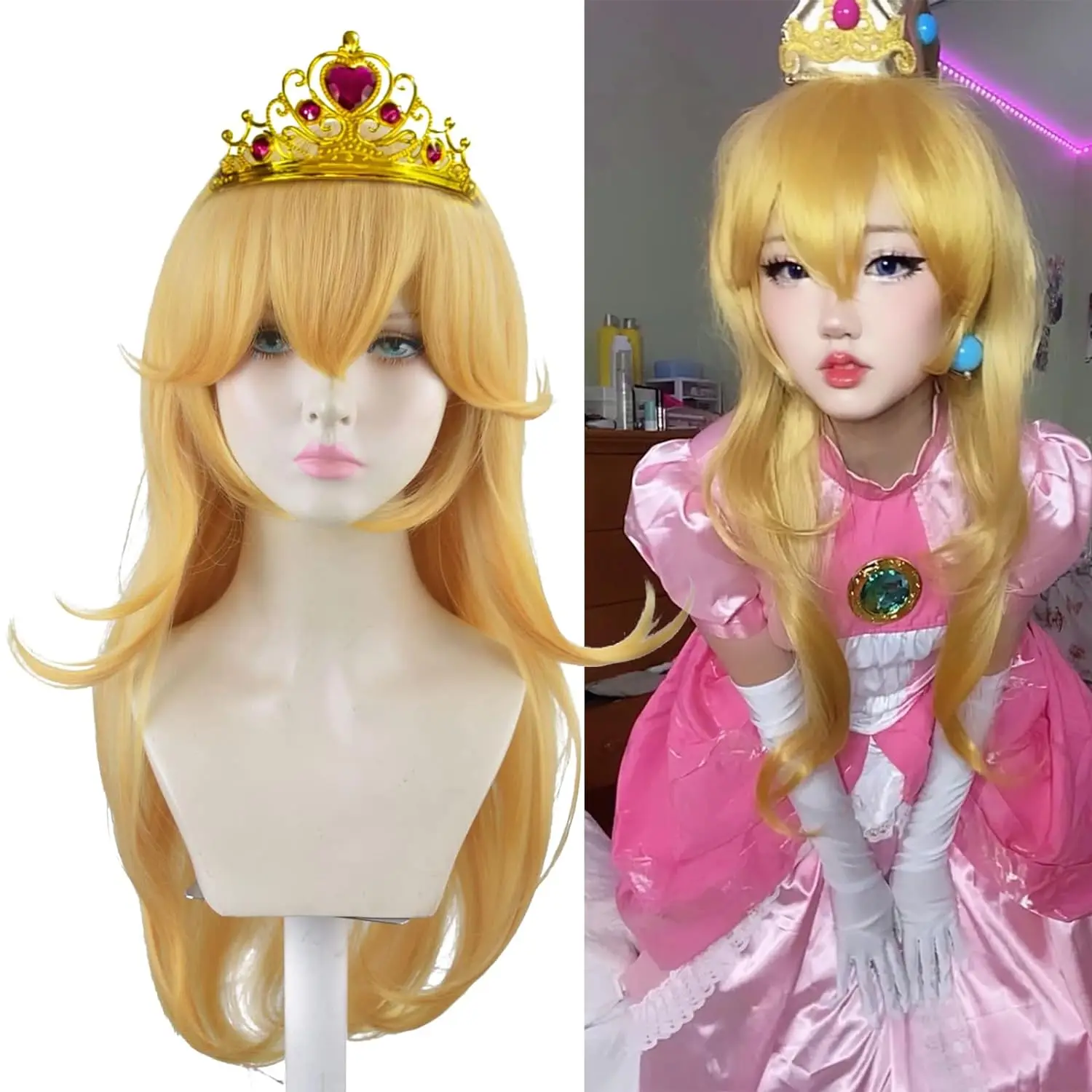 

Золотистый парик «Принцесса» с челкой, длинный волнистый синтетический парик желтого цвета для косплея, на Хэллоуин, костюмированные вечеринки, аниме