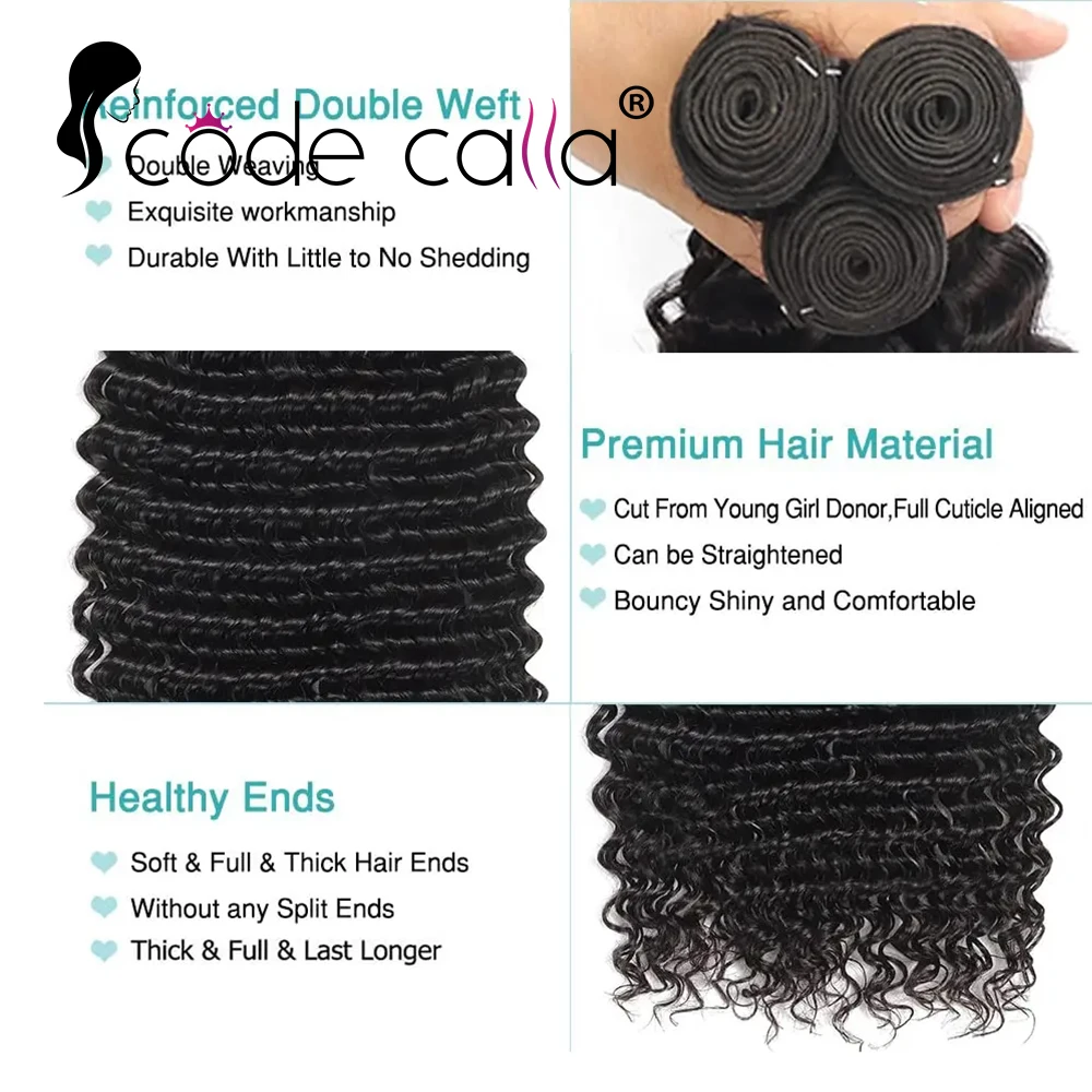 Bundles de cheveux humains brésiliens Deep Wave, 100% cheveux humains, cheveux Remy noirs naturels, bouclés, 3 faisceaux