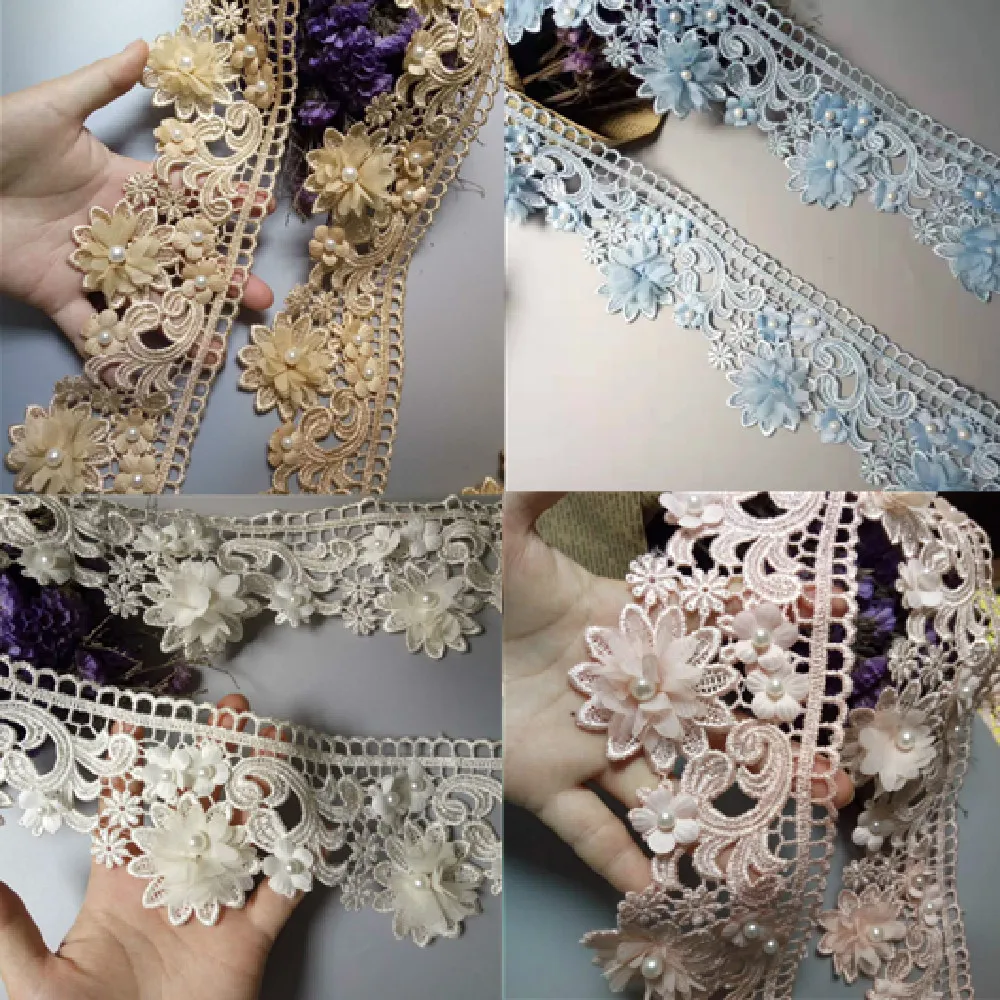 

2 Yard 9cm Gold Pink Blue Pearl 3D Flower Tassel Lace Trim Ribbon Fabric Embroidered Applique Sewing Craft Wedding Dress Clothes