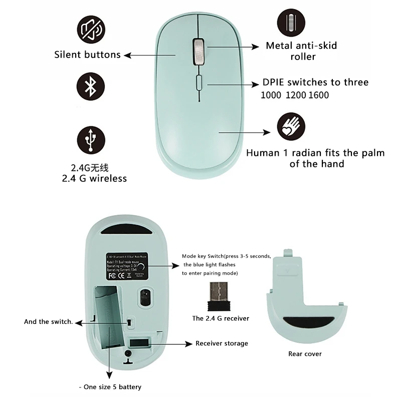 Mysz komputerowa, ergonomiczna, trójbiegowa, swobodnie regulowana mysz Bluetooth 4.0+2.4G z dwoma trybami dla