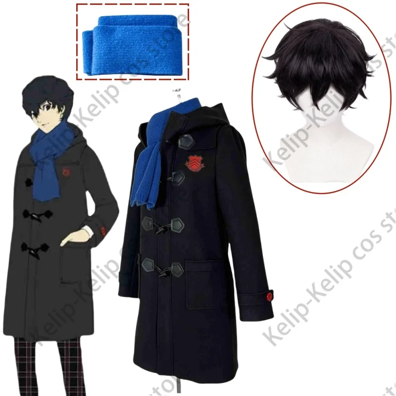 

Game Persona 5 Amamiya Ren Cosplay Costume JOKER Winter Black Woolen Coat Scarf Uniform Adult Man Halloween Christmas Suit