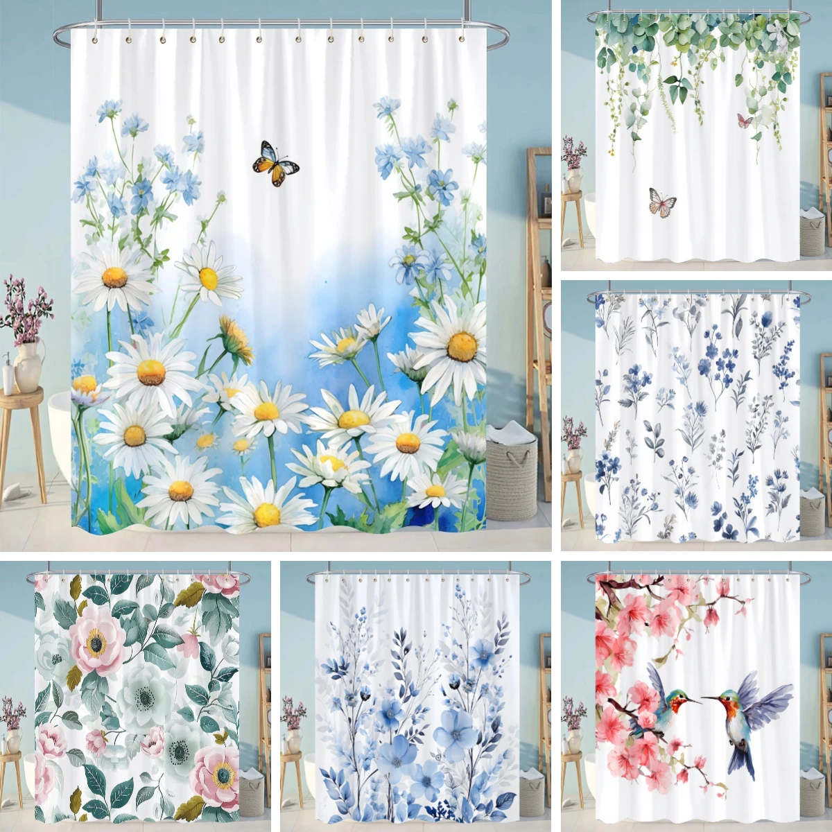 Botanical Flower Shower Curtain Colourful Flowers Green Leaves Watercolour Art Creative Polyester Shower Curtains Bathroom Decor