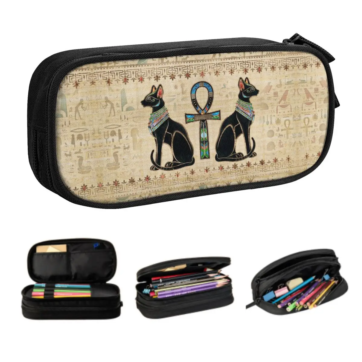 Egyptian Cats And Ankh Cross Pencil Cases for Boy Girl Large Capacity Horus Eye Egypt Hieroglyphic Pen Bag Box School Supplies