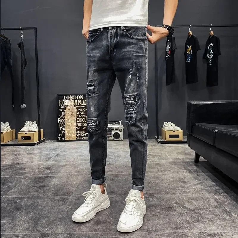 

Man Cowboy Pants with Holes Ripped Men's Jeans Slim Fit Trousers Torn Goth Skinny Tight Pipe Broken Cropped Loose Classic Summer