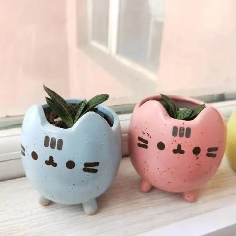 Succulent Pot With Hole Cute Animal Flower Planter Flowerpot Lovely Little Cat Birthday Gift Home Garden Decor Bonsai Pots