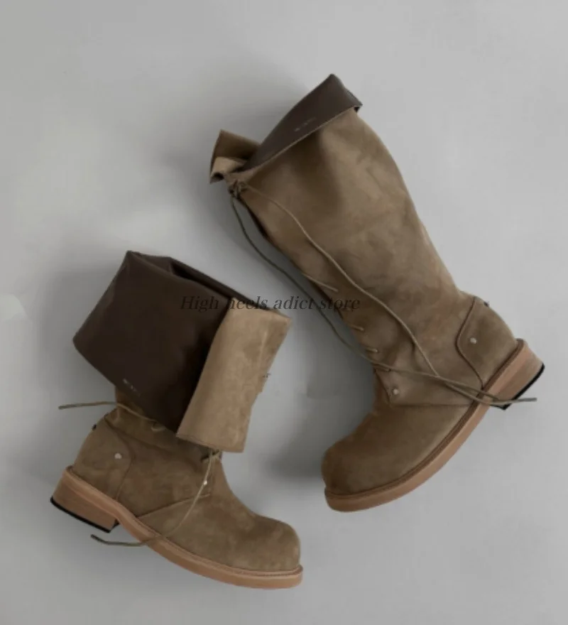 Vintage round toe lace up flod mid calf boots leather black/Khaki flats strappy causal dress booties luxury designer soft shoes view 2