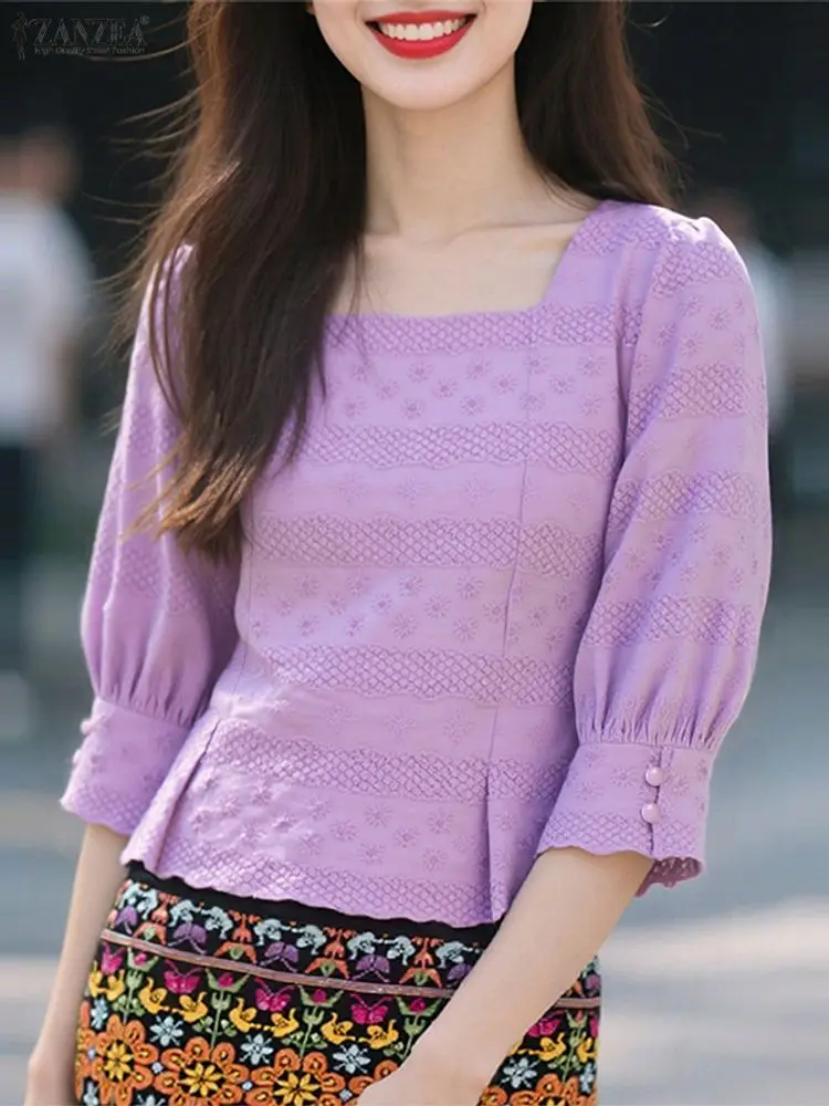 2025 mulheres elegante blusa bordada zanzea outono rendas retalhos camisa pescoço quadrado manga longa blusas de trabalho casual femme