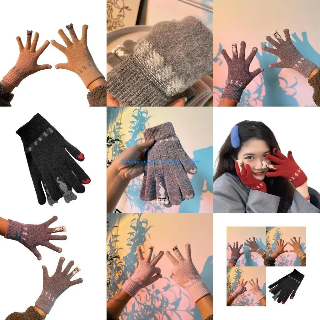 

573B Eye Catching Cartoon Cats Gloves with Screentouch Fingers Soft and Stretchy Short Gloves for Students Girl Daily Wear