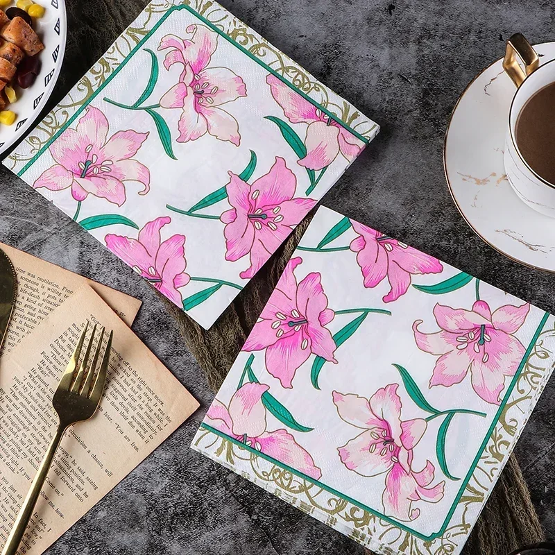 20pcs/pac 33*33cm Food-grade Color Napkins Printed Napkins Wedding Hotel Decorative Table Setting Paper Lily Glass Folding Paper