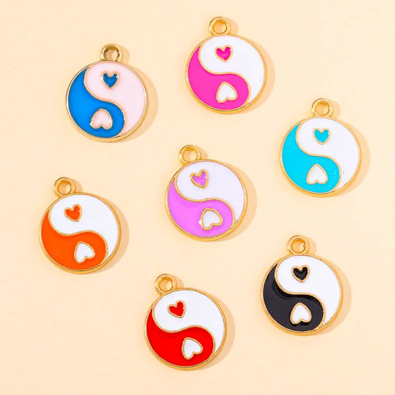 

20Pcs 7 Color Enamel Vintage Love Heart Yin Yang Tai Chi Bagua Charm Round Alloy Pendant For DIY Necklace Earring Jewelry Making