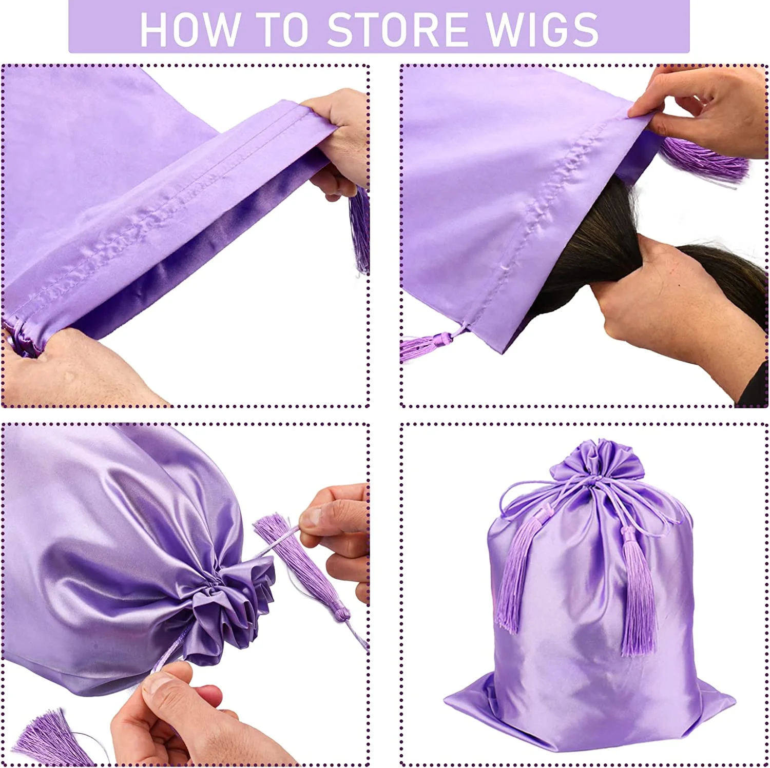 50 pçs de seda cetim peruca saco de armazenamento com cordão borla sacos de embalagem de cabelo para pacotes ferramenta de cabelo saco de viagem 20x30cm roxo