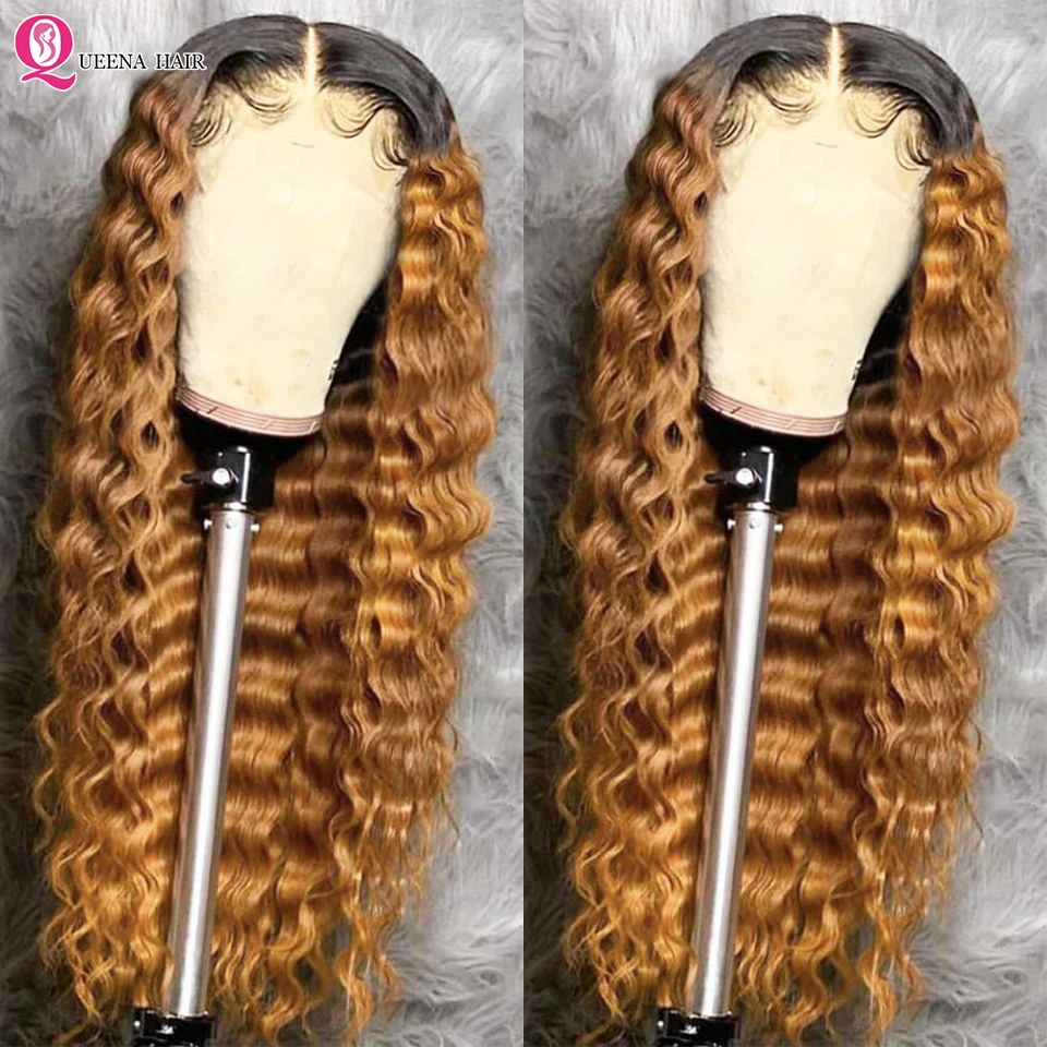 Ombre Lace Front Wig Curly Human Hair Wig Honey Blonde Transparent Lace Front Wigs For Black Women 180% Remy Peruvian Hair Wigs