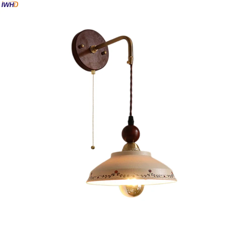 

IWHD Wood Canopy LED Wall Lights Living Room Pull Chain Switch Mid Century Modern Hand-Painted Ceramic Bedroom Lamps Arandela