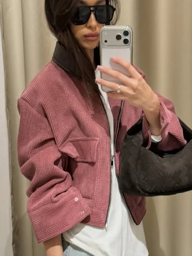 Imagen 2 del producto SLTNX Chaqueta informal rosa de primavera para mujer, estilo holgado, ropa de calle, bolsillos con cremallera frontal, ropa de descanso, ropa exterior diaria