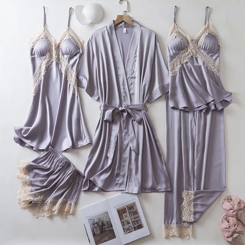 5PCS Pajamas Set Sexy Pink Lace Trim Wedding Robe Nightgown Set Spring Summer Women Sleepwear Bathrobe Gown Loose Satin Homewear