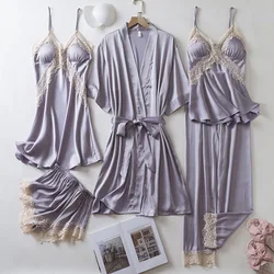 Loose Satin Homewear 5PCS Pajamas Set Sexy Pink Lace Trim Wedding Robe Nightgown Set Bathrobe Gown Spring Summer Women Sleepwear