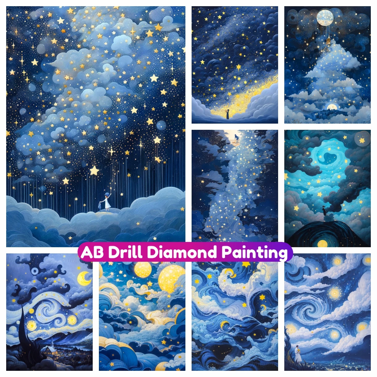 Starry Night Sky AB Diamond Painting Full Square Round Mosaic Embroidery Stars and Moon Art Cross Stitch Kit Home Decor Gift