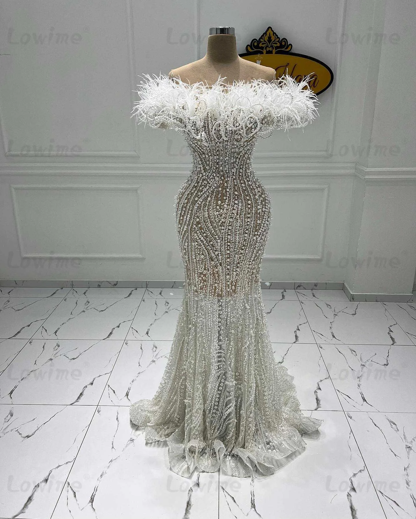 

Lowime халат с перьями и открытыми плечами, вечерние платья по индивидуальному заказу, элегантное женское вечернее платье с арабским жемчугом и русалкой Abendkleider
