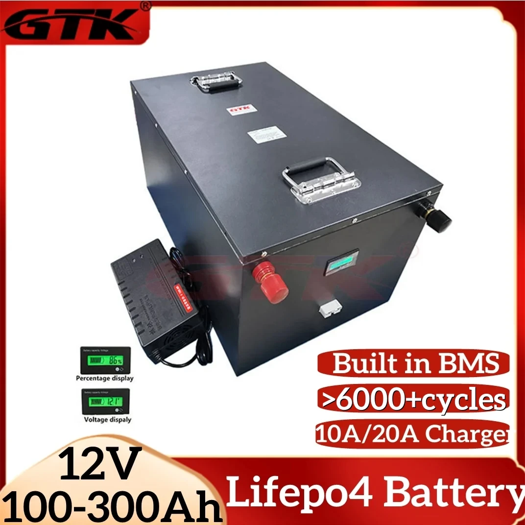 GTK Rechargeable 12V 100Ah 200Ah 300Ah LiFepo4 Battery BMS 4S for 1000W 2000W Solar Energy Outdoor Camping Boat Inverter RV