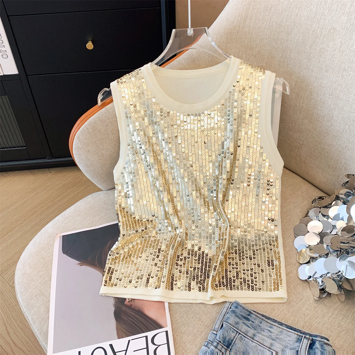 Sequins Stylish Knit Sweater Vests Women Tops Pullovers 2024 Summer Sleeveless Round Neck Elegant Fashion Chic Ladies Jumpers