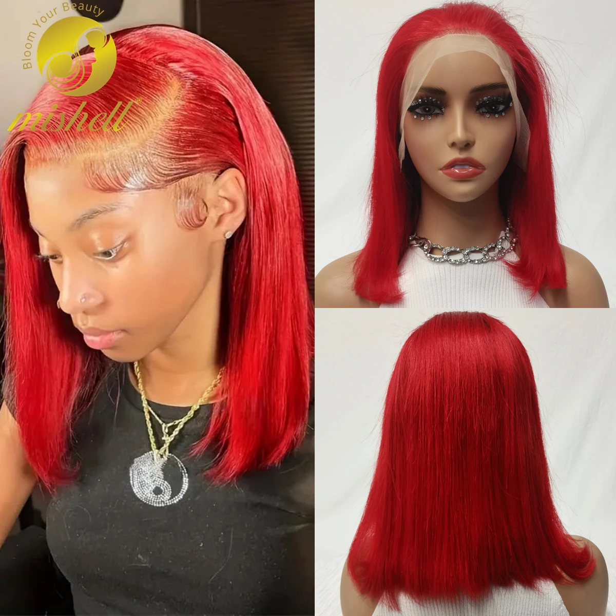 

200% Density Red Color Bob Wig Human Hair 13x4 Transparent Straight Lace Front Wigs Pre Plucked with Baby Hair for Black Women