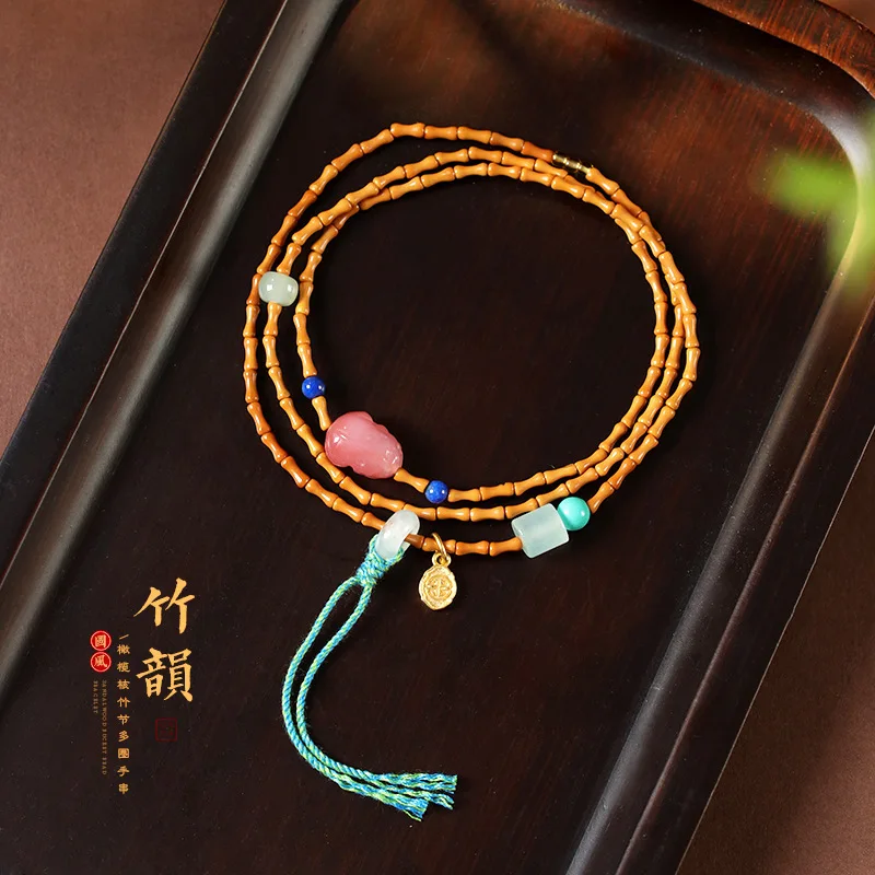 Nw Chins Styl Oliv Ston Nudo de Bambú Bads Fuente de Sal Multicircular Ágata Carvd Buena Suerte Pixiu Braclt Cultural