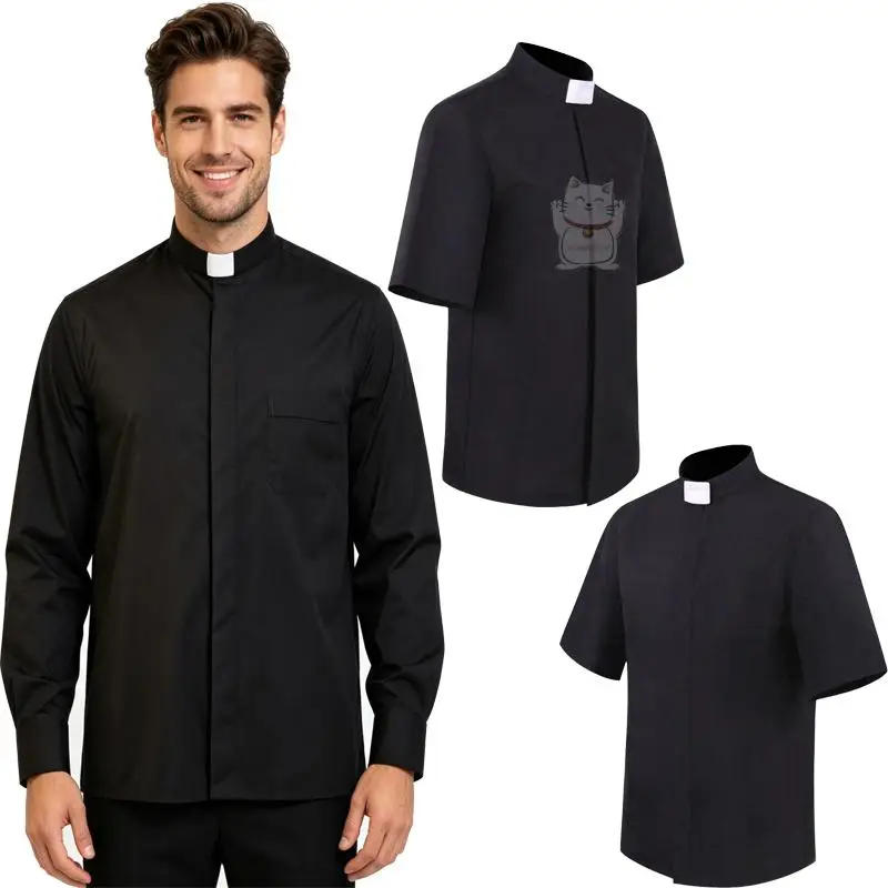 Chemise de cosplay missionnaire d'Halloween, chemise de prêtre à manches courtes noire à pois, tenue de fête de Pâques