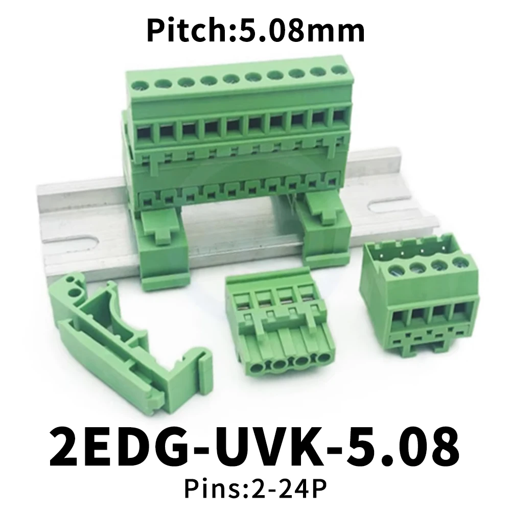 (5 pcs) 2EDG UVK 5.08mm Rail Plug-in Terminal Block 35 Rail Snap-in Legs Solderless Butt KA Plug Receptacle 2-24Pin