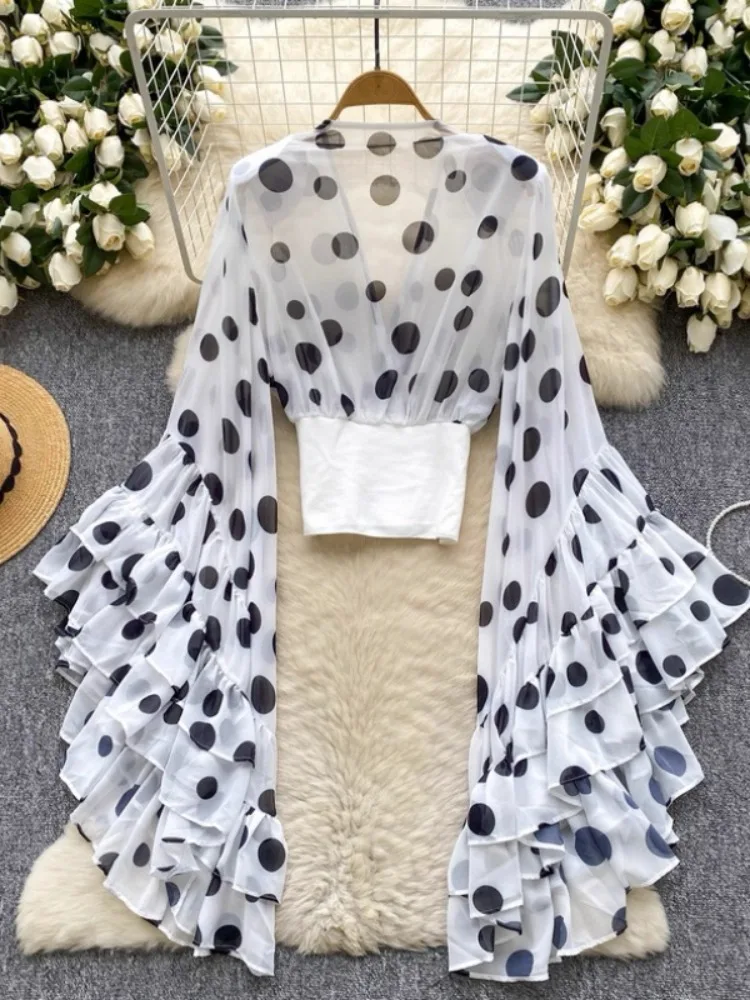 

Женский укороченный топ в горошек Bonboho, прозрачная рубашка с глубоким v-образным вырезом и рюшами, топ 2026, весенняя новая женская элегантная блузка