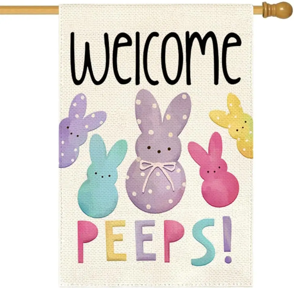 RABUSOFA Easter House Garden Flag 28x40 Inch Double Sided for Outside Large Burlap Polk Dot Welcome Peeps Holiday Bunny Yard yyi