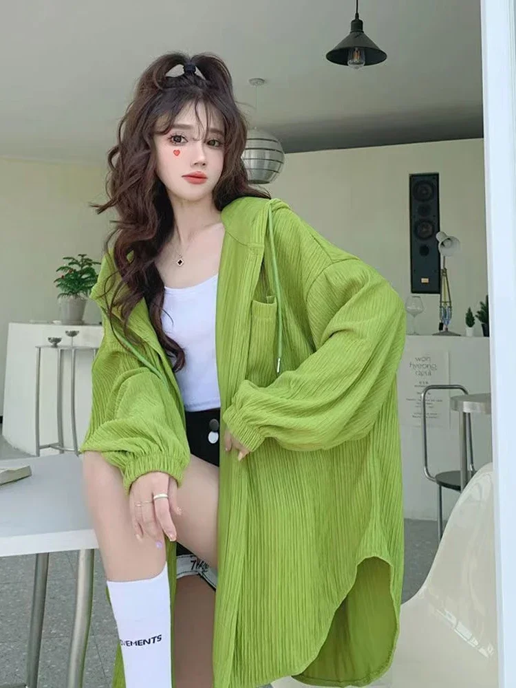 ADAgirl Sun-proof Oversize Shirt Women Summer Solid Casual Coats Korea Streetwear Style Mujer Blouse Fashion Loose Girls Tops