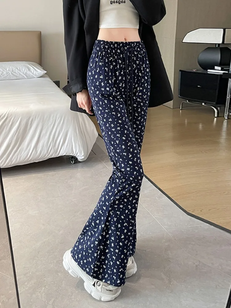 Korean New Trend Slim Floral Bell Bottoms Summer 2024  Women Fashion High Quality Casual Sweatpants Daily Simple Cozy Trousers