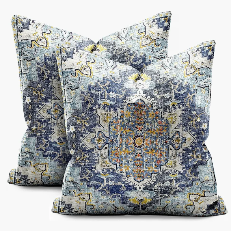 

Square pillowcase with retro blue and yellow Bohemian style floral linen cushion cover, suitable for sofa bedroom bag 2 pieces