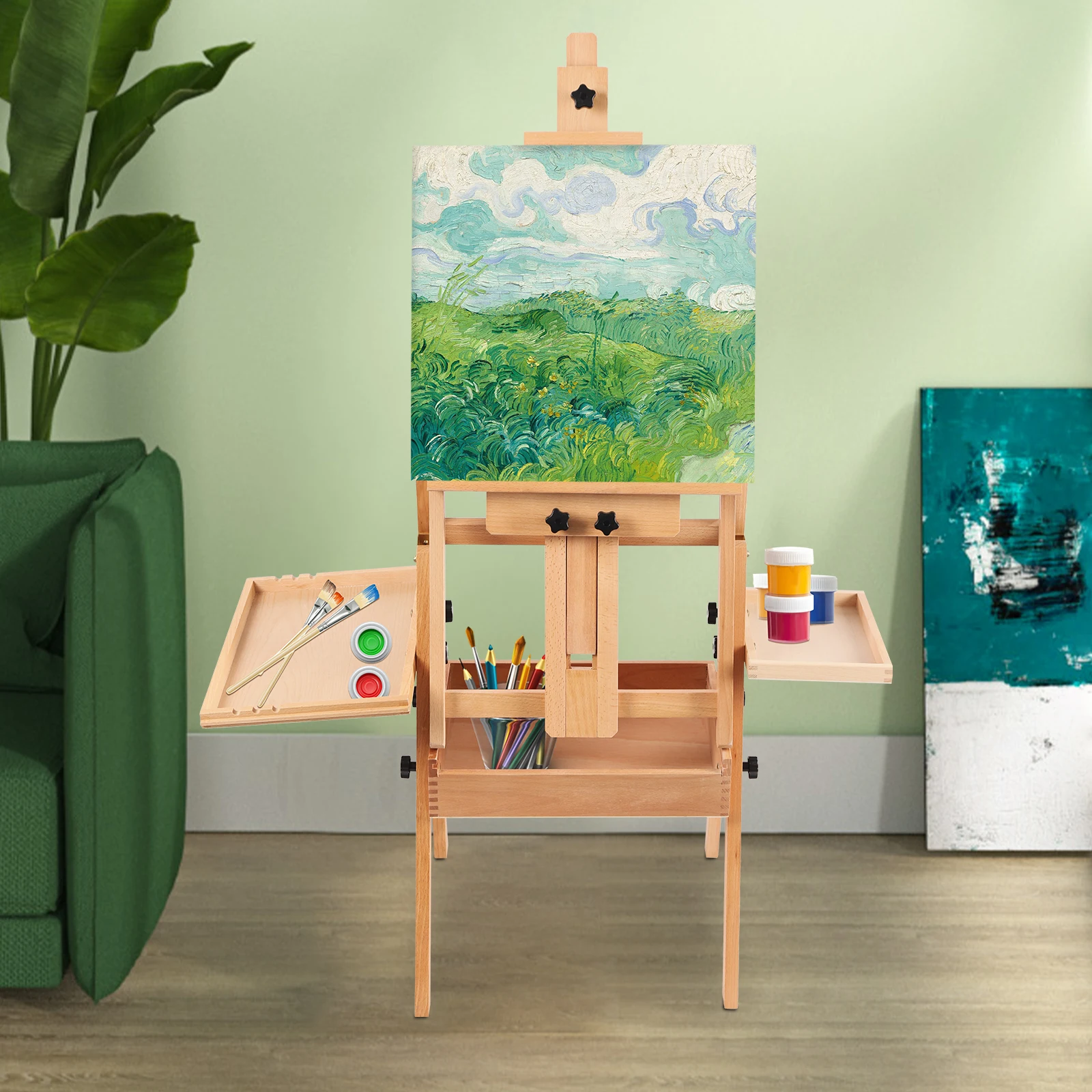 Soporte Ajustable de Madera para Tablero de Pintura, Caballete de Artista con Bandeja de Almacenamiento, Soporte de Pintura con Marco en H con Capacidad para 22 lb