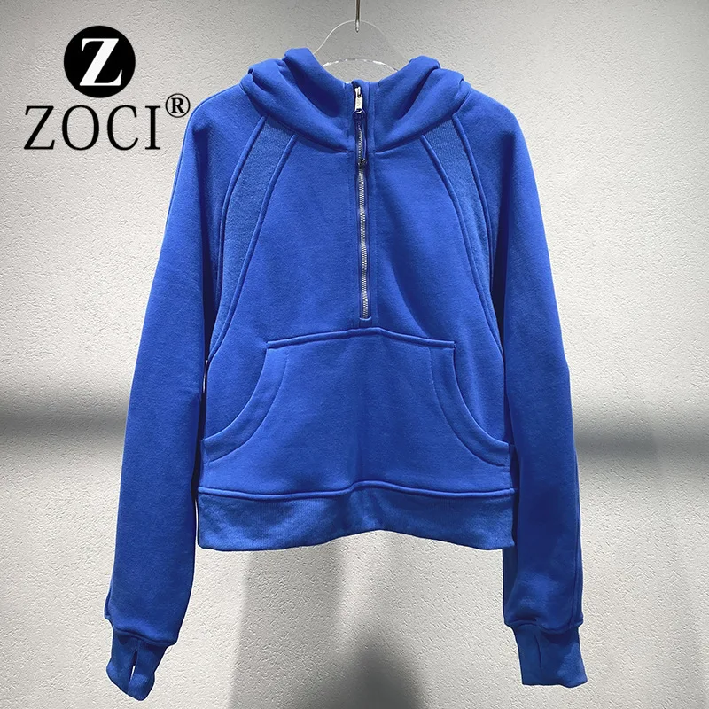 [ZOCI] Sports Versatile Hoodie Half Zipper Pullover Sweatshirt, Autumn New Items, Short Jacket Added Fleece Women