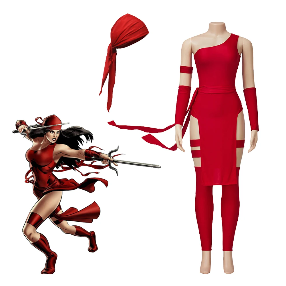 Elektra Natchios Cosplay Costume Women's Fashion Sexy Red Battle Suit Full Set with Bandana Halloween Party Superhero Outfits