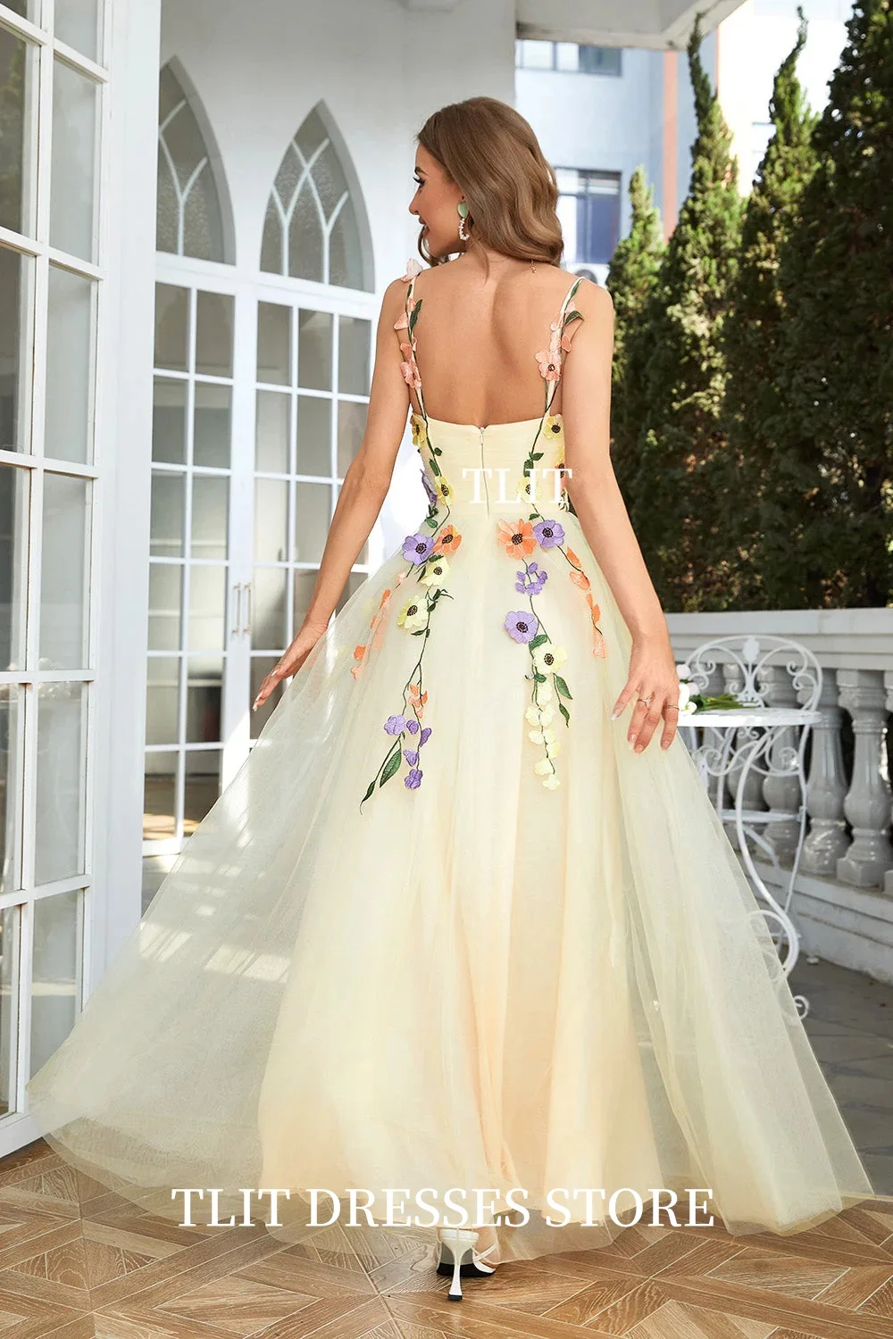 TLIT eleganckie jasnożółte aplikacje kwiaty tiulowa suknia wieczorowa Spaghetti pasek formalna suknia wieczorowa dostosowane sukienki z odkrytymi plecami